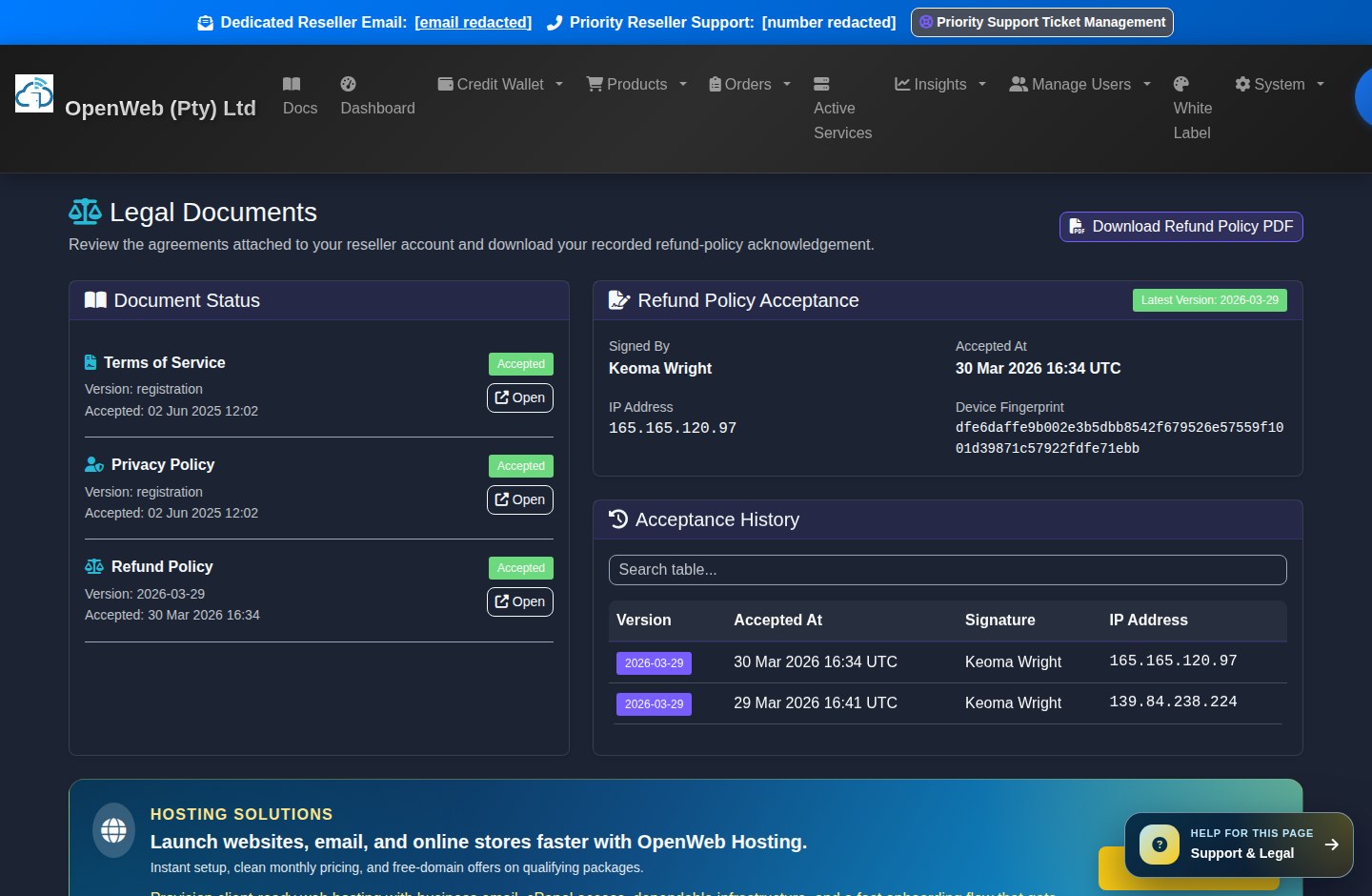 Current OpenWeb reseller panel screenshot: Support and legal centre